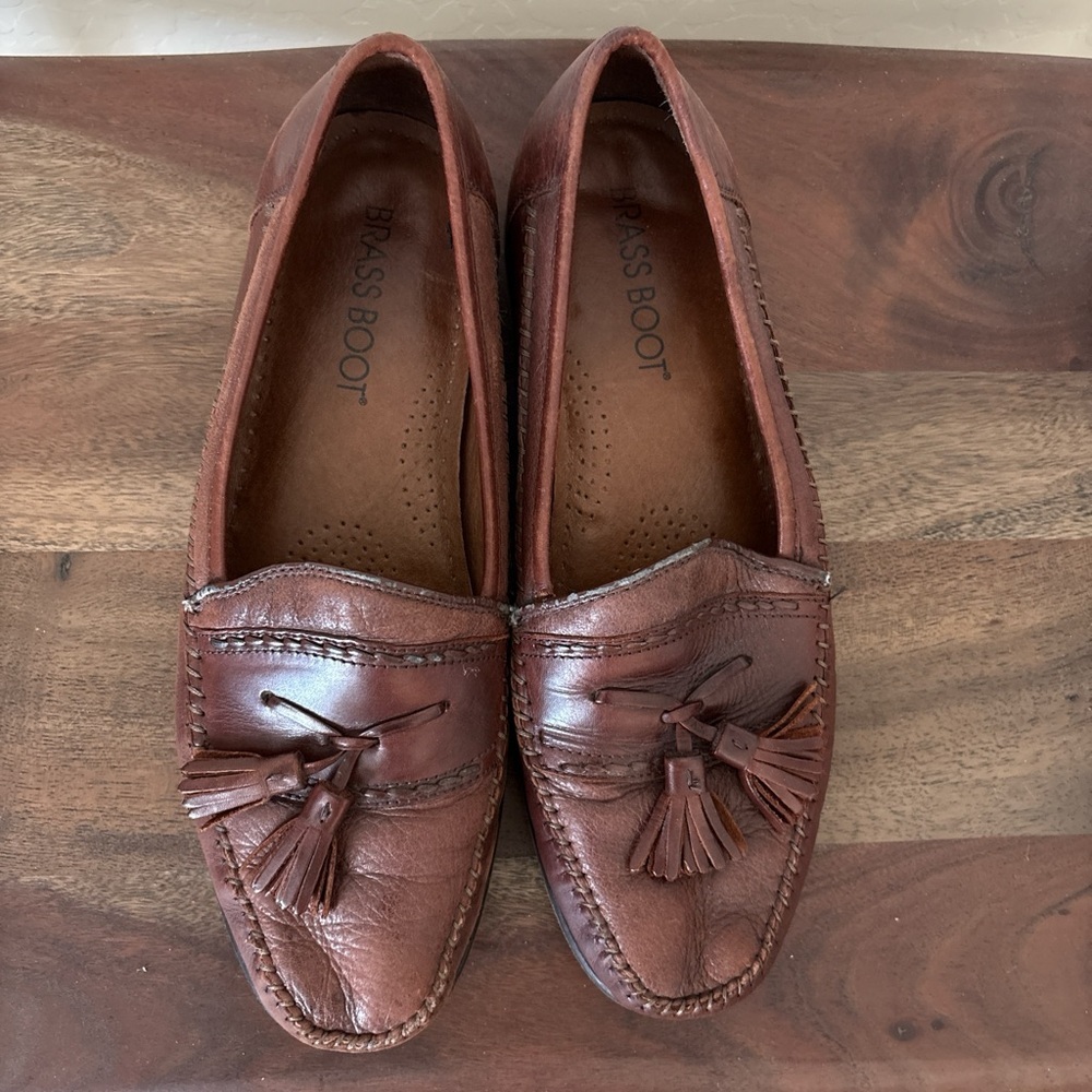 Brass Boot Walking Gloves Brown Pebble And Smooth Leather Tassel Loafers 9.5 M